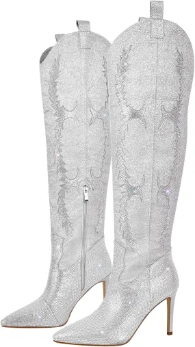 richealnini Women's Rhinestones Thigh High Boots with Stiletto Heels and Glitters Sexy Pointed Toe Riding Boots