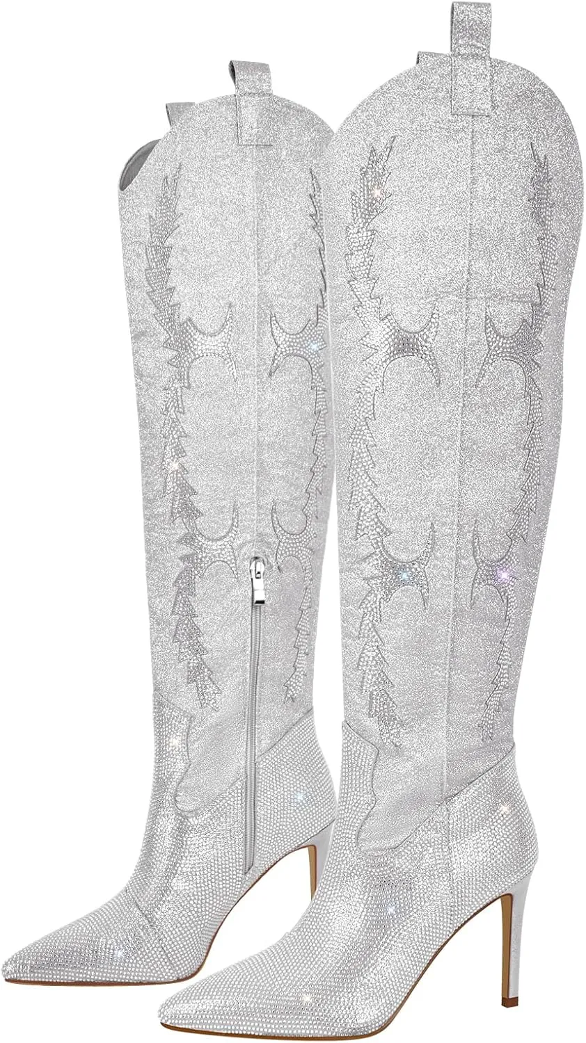 richealnini Women's Rhinestones Thigh High Boots with Stiletto Heels and Glitters Sexy Pointed Toe Riding Boots