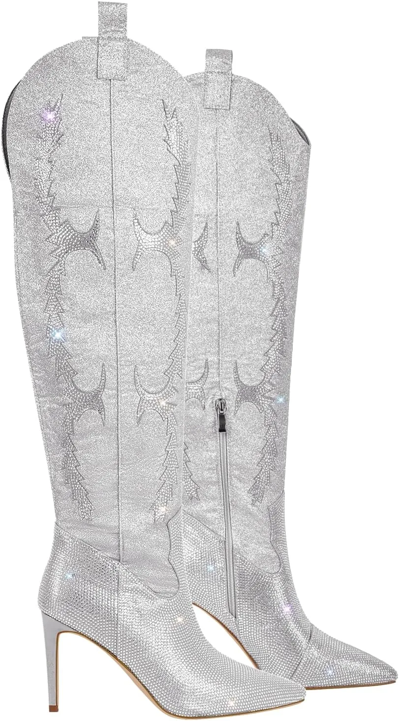 richealnini Women's Rhinestones Thigh High Boots with Stiletto Heels and Glitters Sexy Pointed Toe Riding Boots