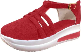 Sandals for Women Dressy Summer Non Slip Flatform Espadrilles Sandals Closed Toe Strappy Ankle Strap Metal Buckle Sandal T-Strap Comfort Shoes Walking Loafers