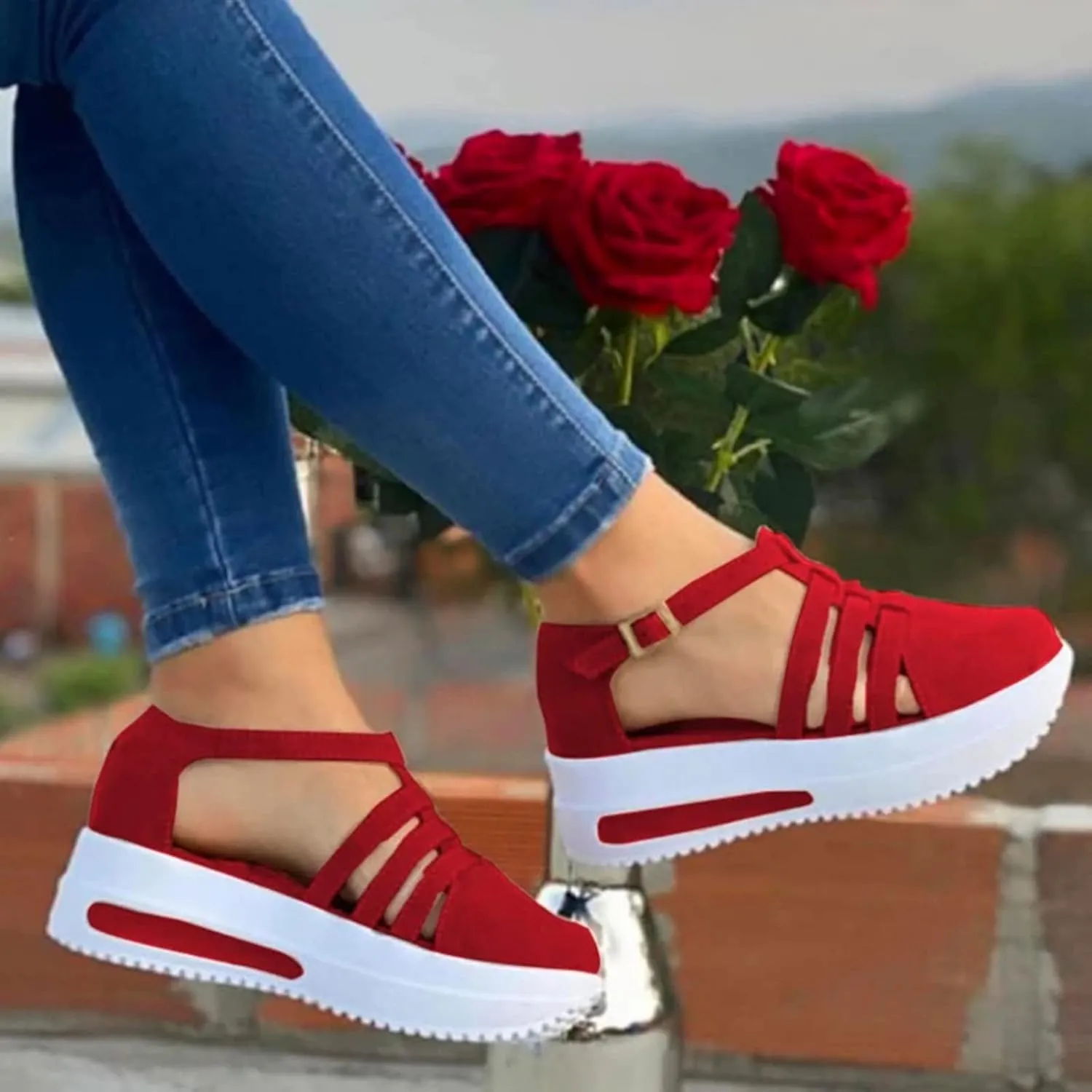 Sandals for Women Dressy Summer Non Slip Flatform Espadrilles Sandals Closed Toe Strappy Ankle Strap Metal Buckle Sandal T-Strap Comfort Shoes Walking Loafers