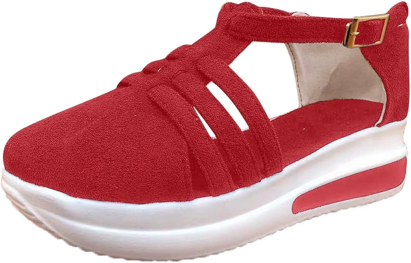 Sandals for Women Dressy Summer Non Slip Flatform Espadrilles Sandals Closed Toe Strappy Ankle Strap Metal Buckle Sandal T-Strap Comfort Shoes Walking Loafers