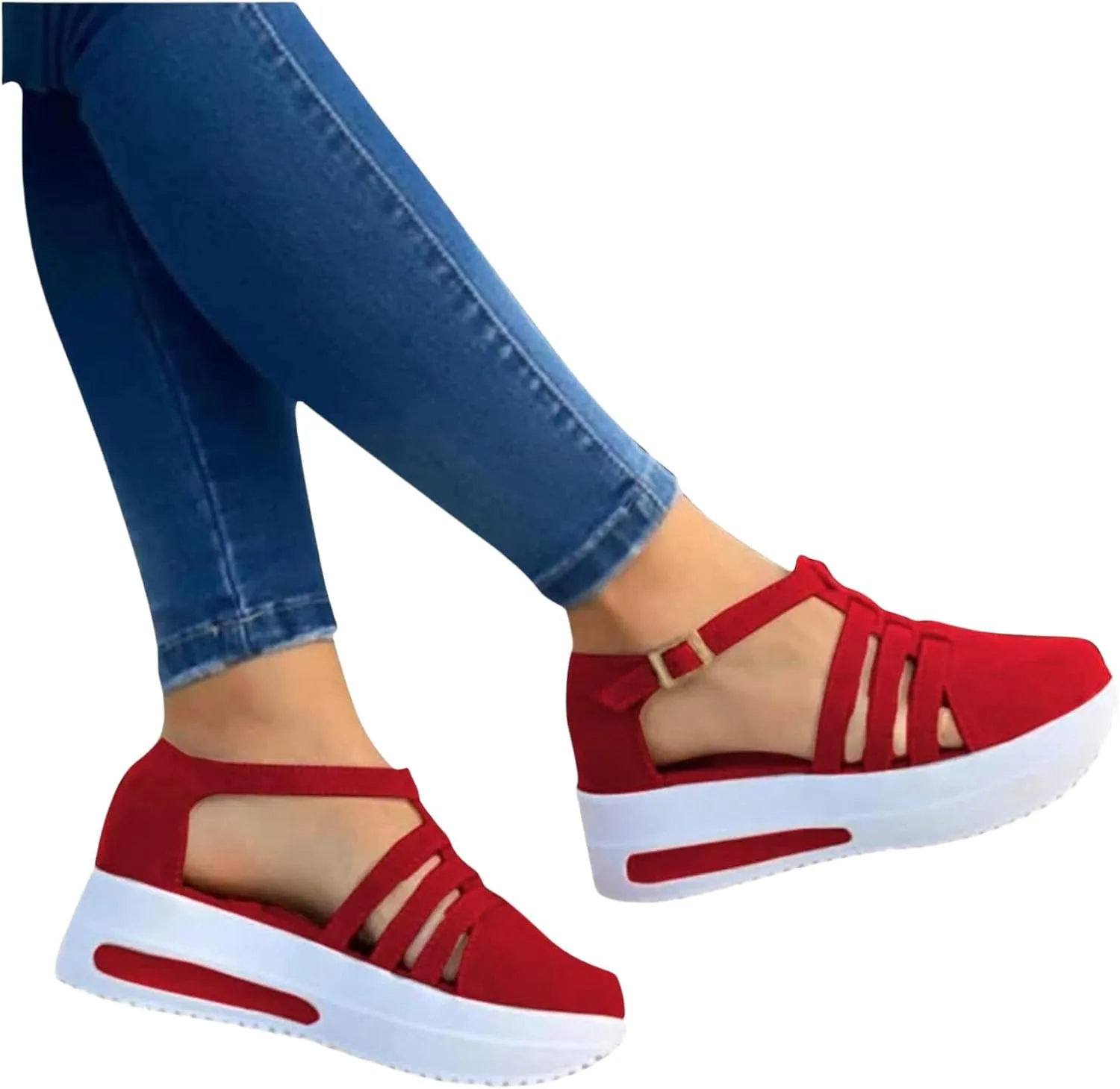 Sandals for Women Dressy Summer Non Slip Flatform Espadrilles Sandals Closed Toe Strappy Ankle Strap Metal Buckle Sandal T-Strap Comfort Shoes Walking Loafers
