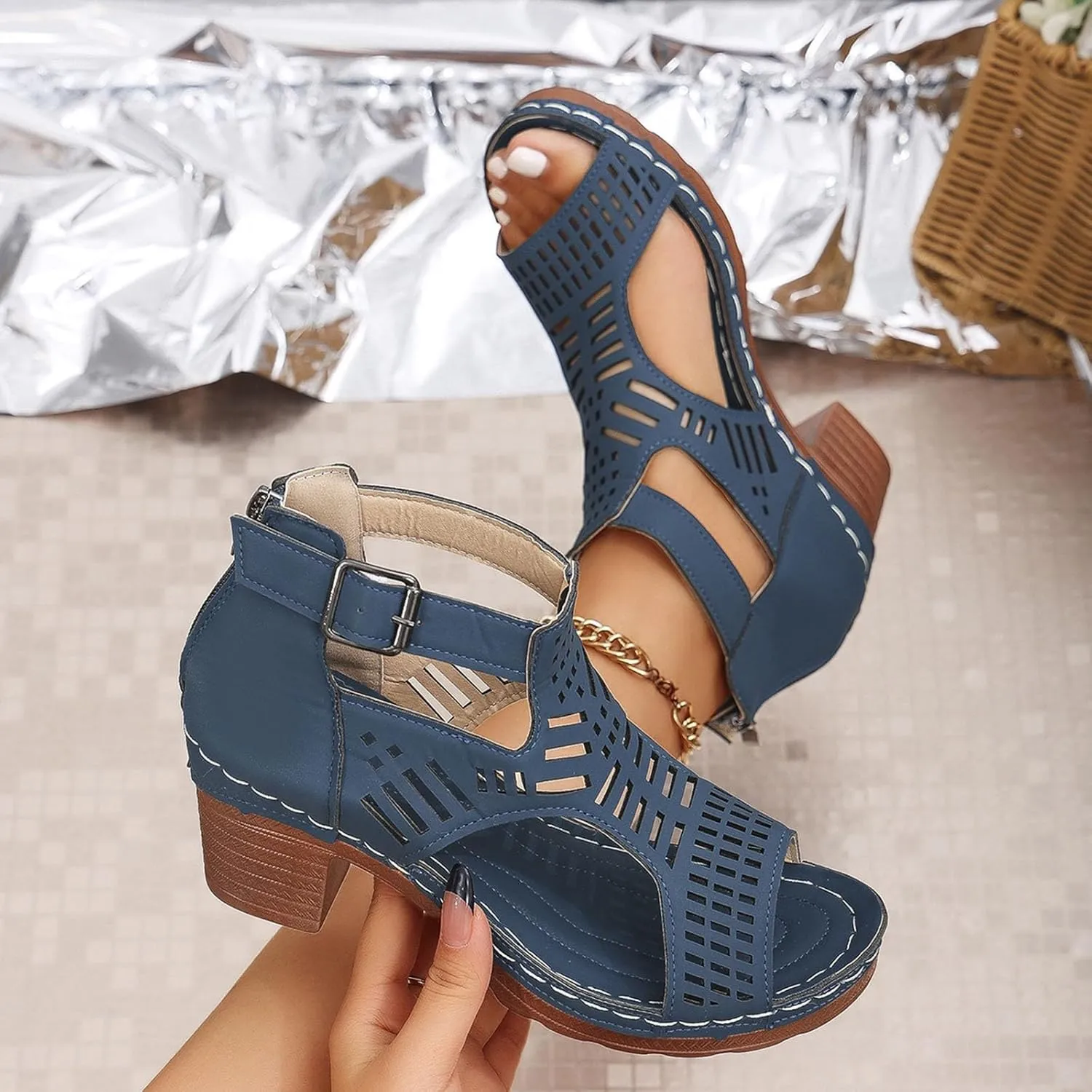 Summer Low Chunky Block Heeled Sandals for Women 2025 Cut Out Open Toe Gladiator Sandals Casual Beach Vacation Shoes