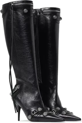 VOMIRA Knee High Boots Sexy Pointed Toe Rivets Tassels Stilettos High Heels Fashion Party Dressy Stripper Heels for Women