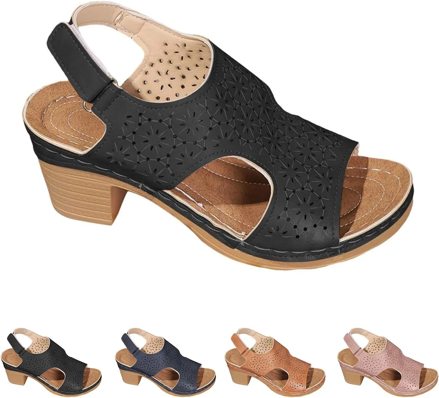 Wedge Sandals for Women Breathable Open Toe Hollow Out Slides Sandals Non Slip Low Block Chunky Heels Sandal with Adjustable Hook and Loop Wide Width Available Shoes