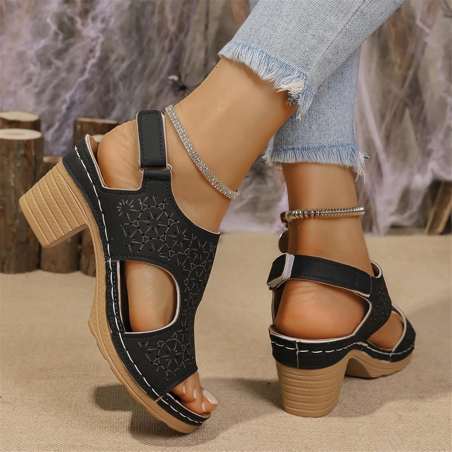 Wedge Sandals for Women Breathable Open Toe Hollow Out Slides Sandals Non Slip Low Block Chunky Heels Sandal with Adjustable Hook and Loop Wide Width Available Shoes