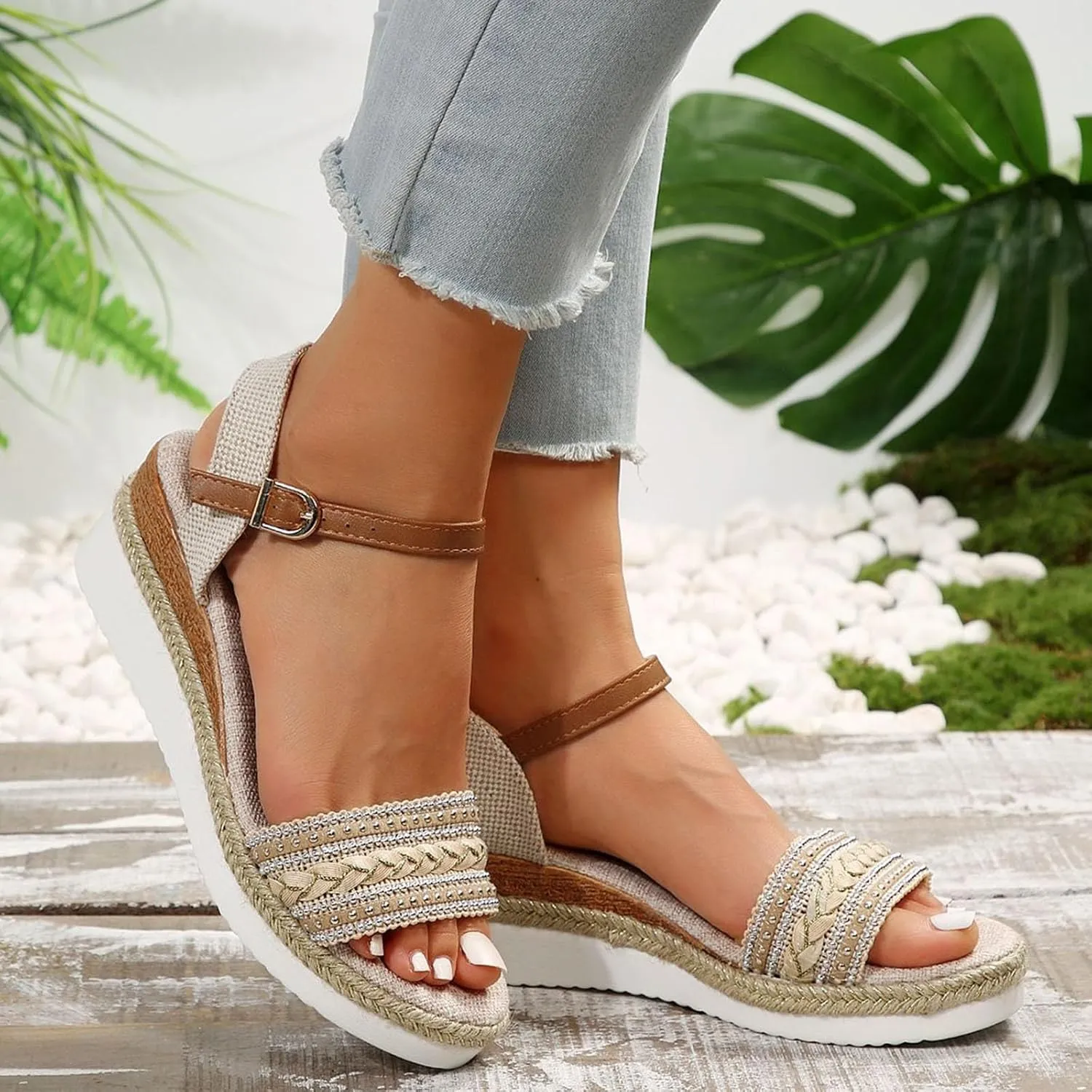Wedge Sandals for Women Espadrilles Open Toe Ankle Strap with Buckle Dressy Summer Low Heels Orthopedic Sandals 2025