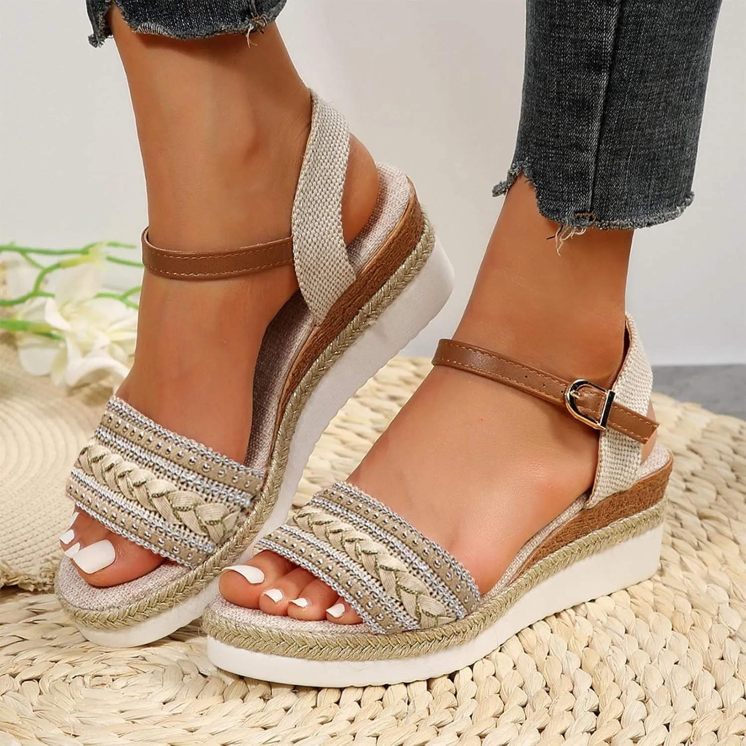 Wedge Sandals for Women Espadrilles Open Toe Ankle Strap with Buckle Dressy Summer Low Heels Orthopedic Sandals 2025