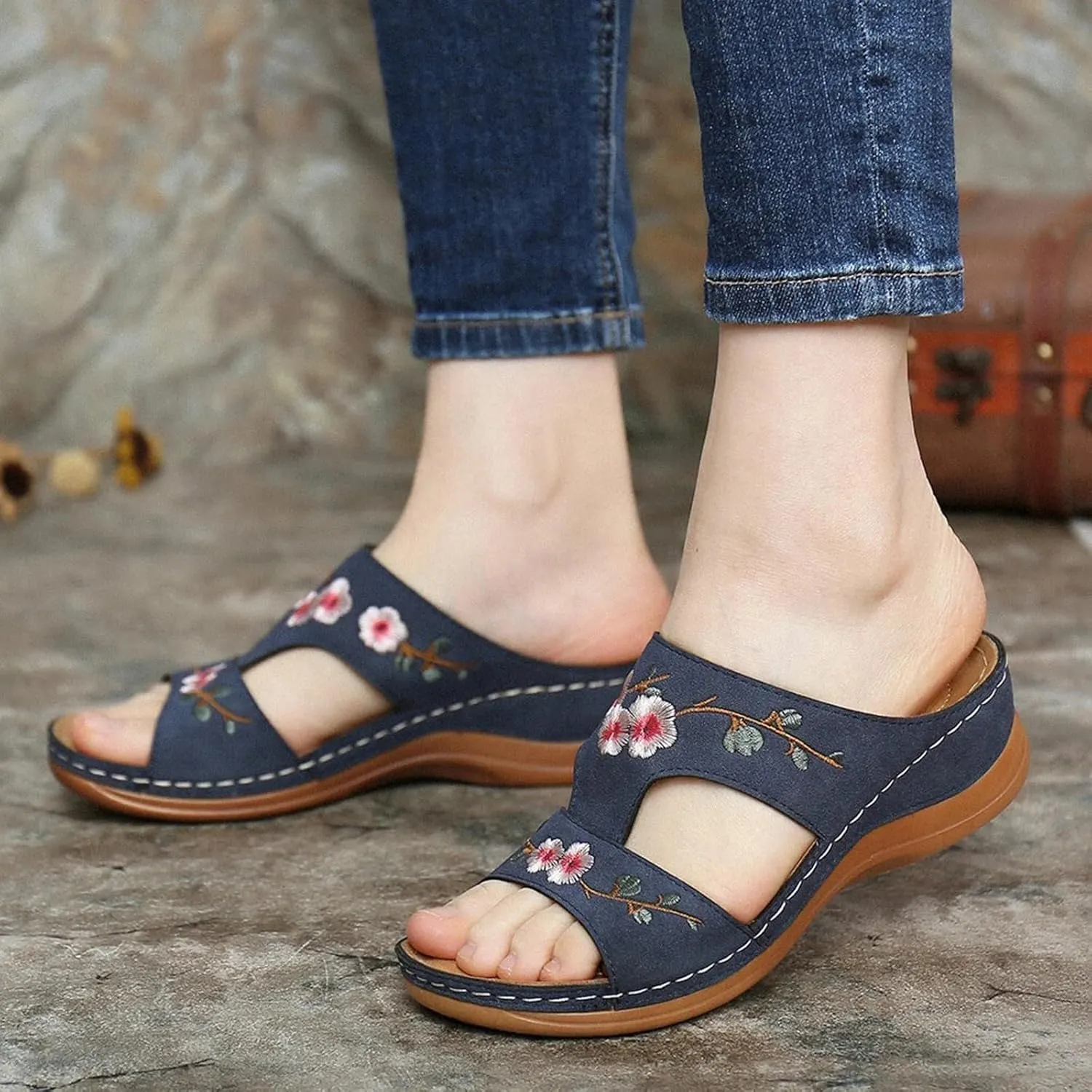 Wedge Sandals for Women Open Toe Hollow Out Slip On Platform Comfortable Flower Summer Casual Walking Shoes Slippers Arch Support Slides Wide Width Beach Breathable Sandal Flip Flops Flat