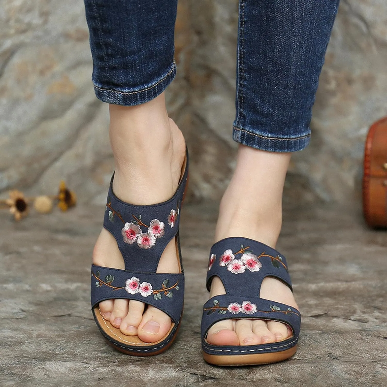 Wedge Sandals for Women Open Toe Hollow Out Slip On Platform Comfortable Flower Summer Casual Walking Shoes Slippers Arch Support Slides Wide Width Beach Breathable Sandal Flip Flops Flat
