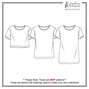 Women Boxy Tops Fashion Flat Sketches (3 styles), Vector Templates, Fashion Technical Drawings / Crop Top, Regular Length, Tunic top