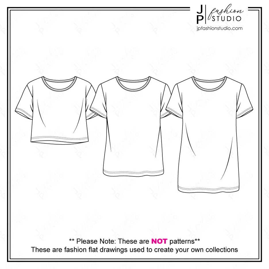 Women Boxy Tops Fashion Flat Sketches (3 styles), Vector Templates, Fashion Technical Drawings / Crop Top, Regular Length, Tunic top