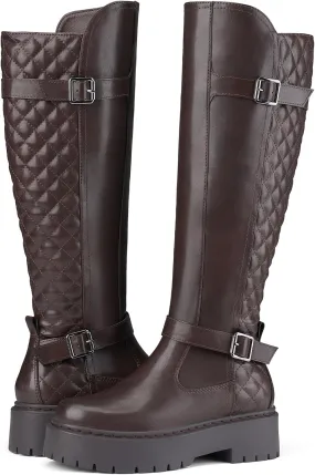 Women's Knee High Riding Boots with Side Zipper - Chunky Platform Motorcycle Boots for Women