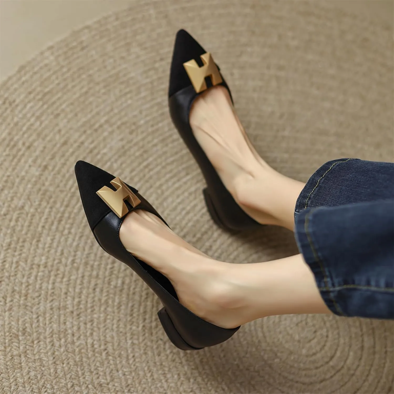 Women's Retro Cap Pointed Closed Toe Pump Slip-On Chunky Low Two Toned Block Heel Metallic Classic Work Office Church Casual Comfort Dress Shoes Business Party Daily Wear Flats