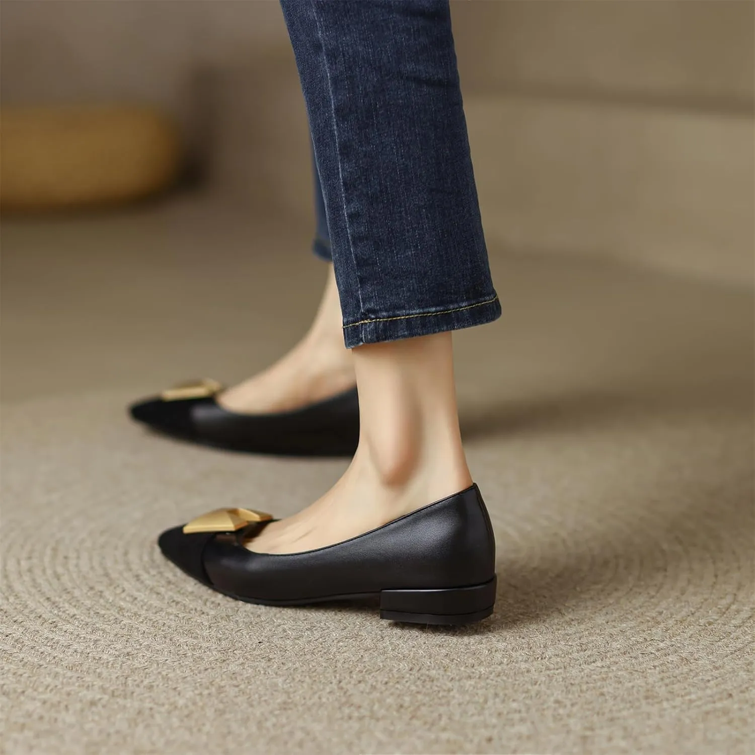 Women's Retro Cap Pointed Closed Toe Pump Slip-On Chunky Low Two Toned Block Heel Metallic Classic Work Office Church Casual Comfort Dress Shoes Business Party Daily Wear Flats