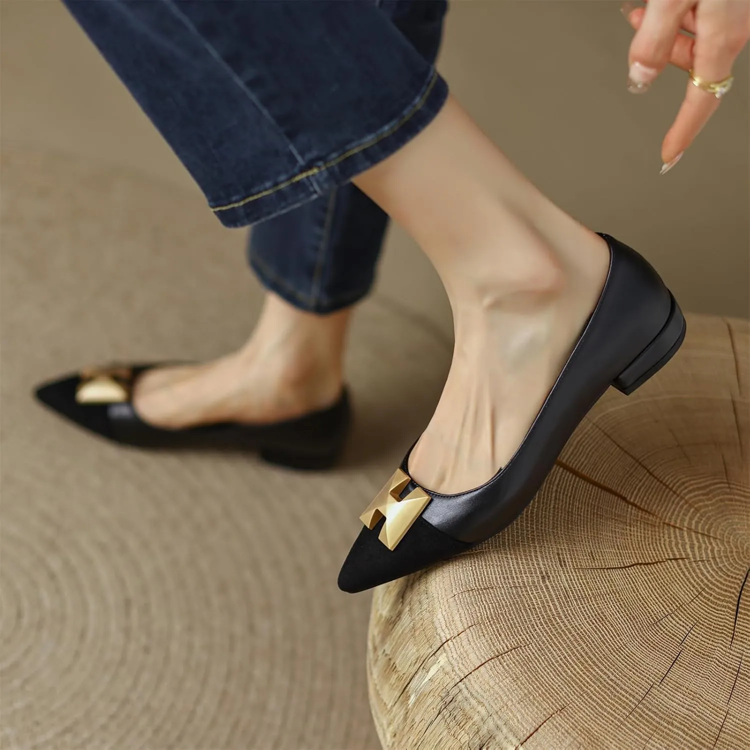 Women's Retro Cap Pointed Closed Toe Pump Slip-On Chunky Low Two Toned Block Heel Metallic Classic Work Office Church Casual Comfort Dress Shoes Business Party Daily Wear Flats