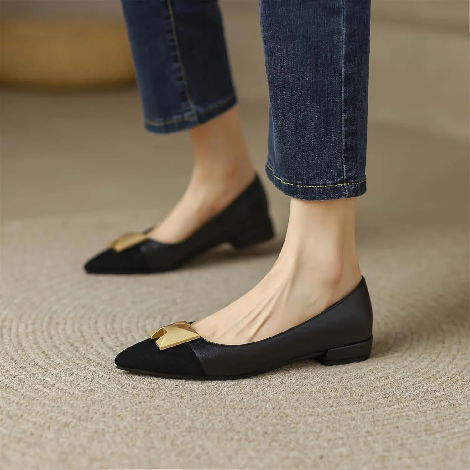 Women's Retro Cap Pointed Closed Toe Pump Slip-On Chunky Low Two Toned Block Heel Metallic Classic Work Office Church Casual Comfort Dress Shoes Business Party Daily Wear Flats