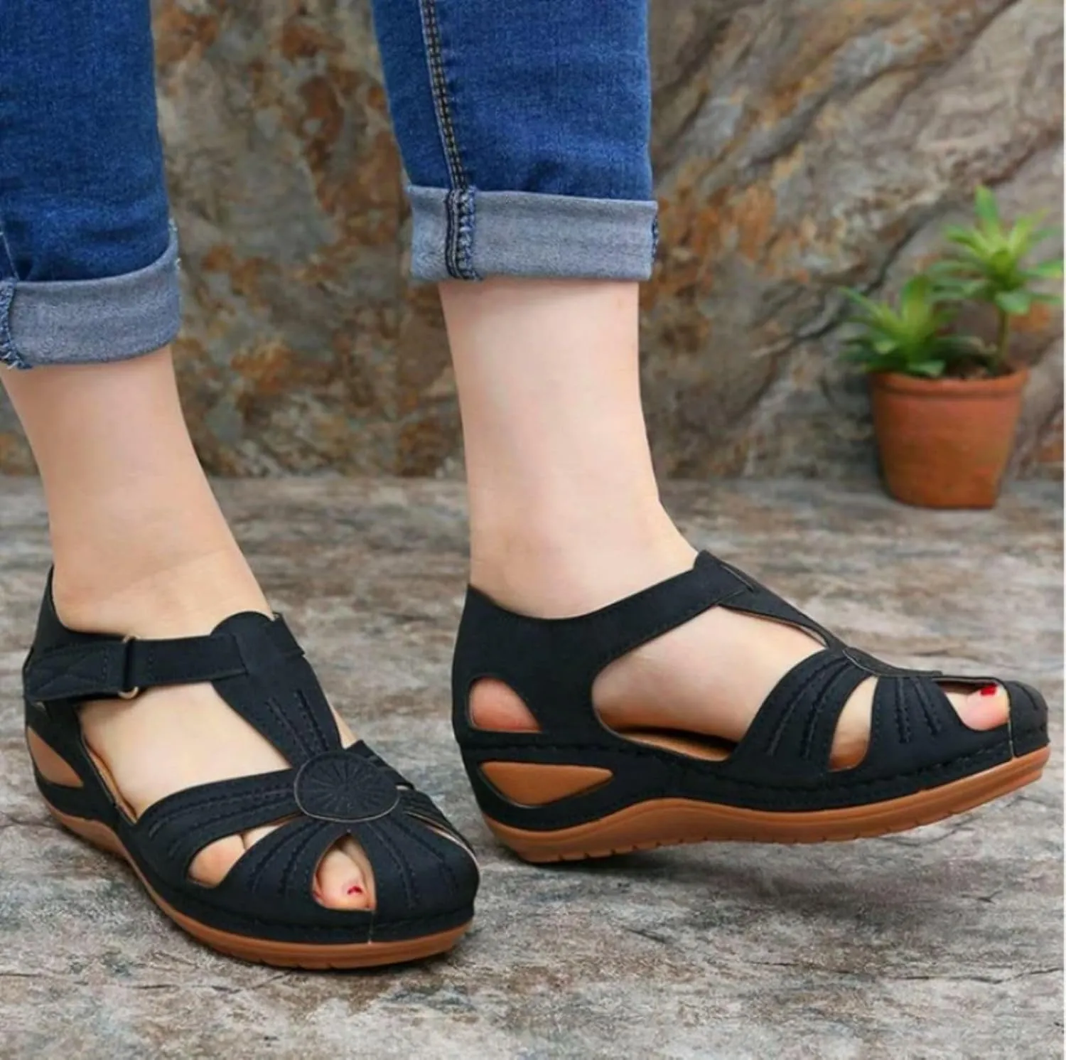 Womens Wedge Closed Toe Sandals Platform Summer Hollow Out Strap Ankle Wedges Shoes Orthopedic Comfy Slip on Bohemia Gladiator Ladies Shoes Beach Casual Athletic Sandals